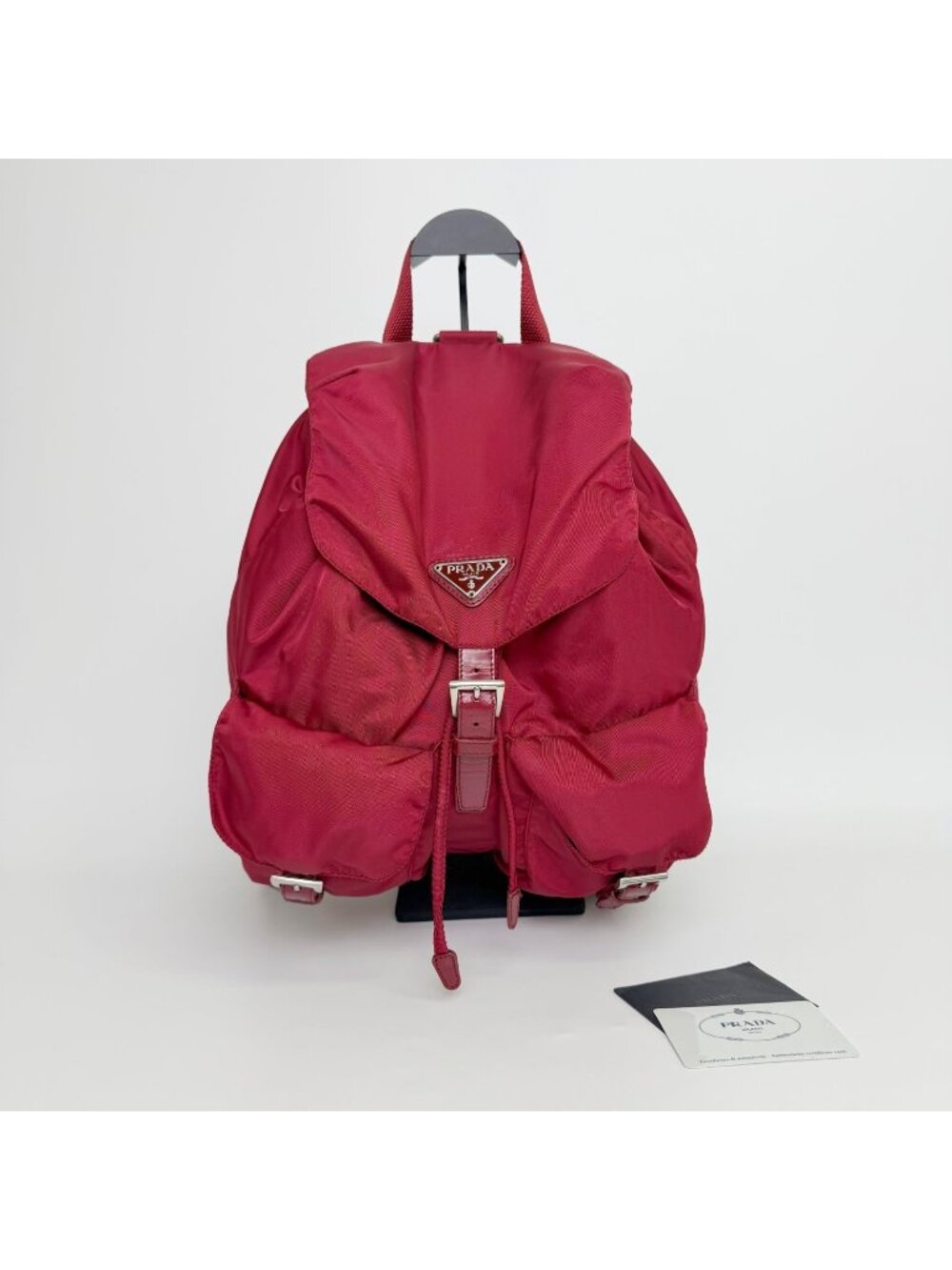Prada Vela Tessuto Nylon Double Pocket Backpack Red Silver Vintage
